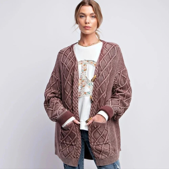 New! Easel Cable Knitted Sweater Cardigan Cherry Wood - Picture 1 of 5